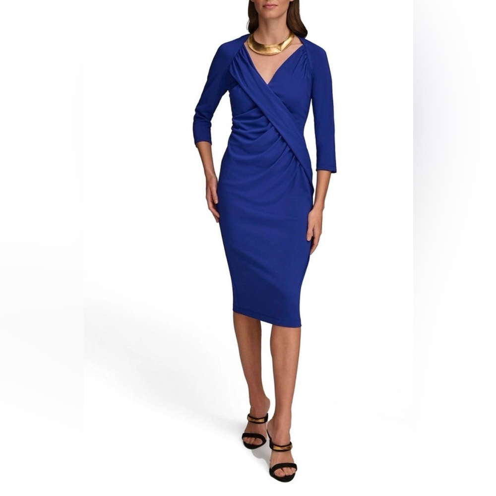 New Donna Karan Knee Length Dress 14 Deep V Neck Royal Blue Ruched Drapey